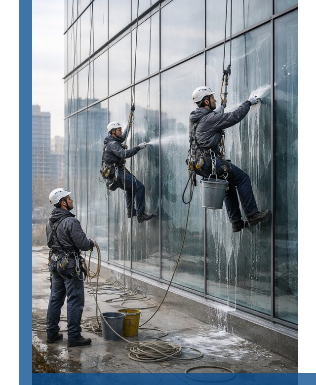 Промышленная мойка панорамных окон на высоте в Новокубанске