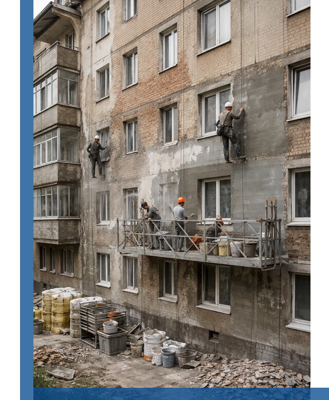 Капитальный ремонт фасада в Новокубанске с восстановлением и гидроизоляцией