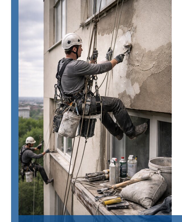 Косметический ремонт фасада зданий в Новокубанске промышленными альпинистами