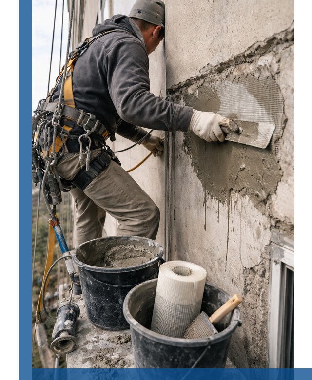 Ремонт бетонных элементов фасада промышленными альпинистами в Новокубанске