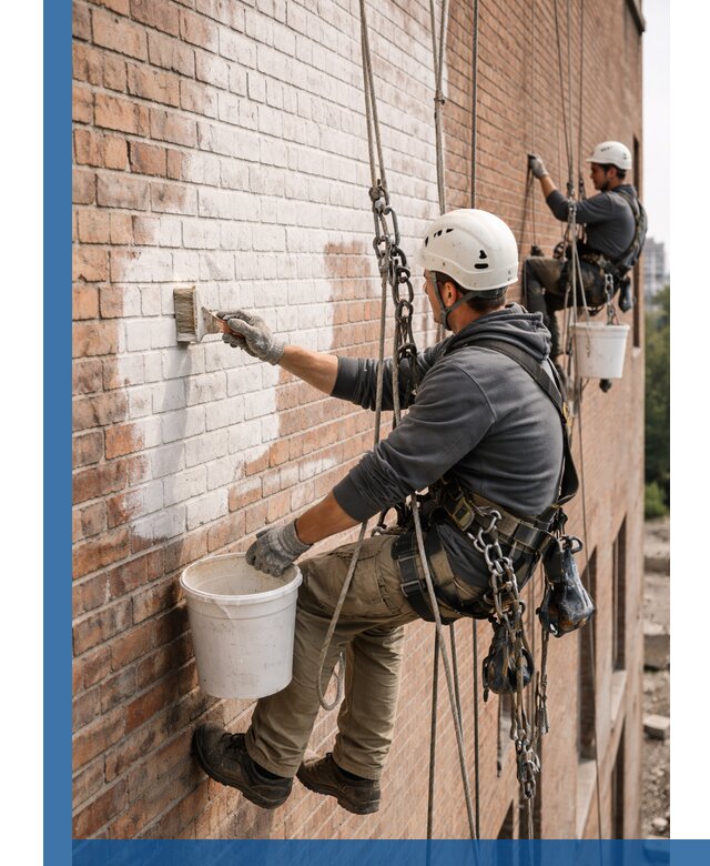 Покраска кирпичного фасада с доступным альпинистским сервисом в Новокубанске