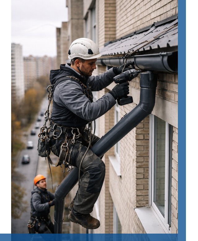 Монтаж водосточной системы на здании в Новокубанске от 5199 р. | ВЫСОТНИК-Нкб