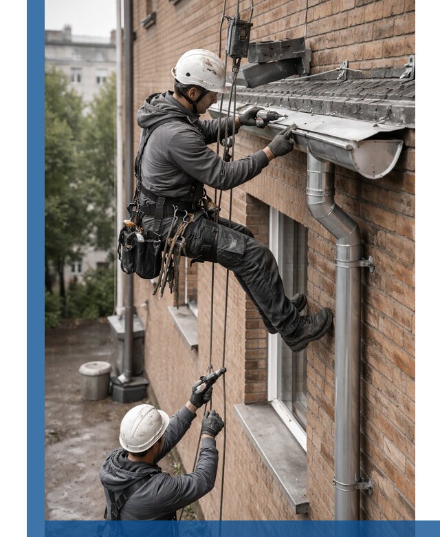 Монтаж водосточной системы на здании в Новокубанске под ключ