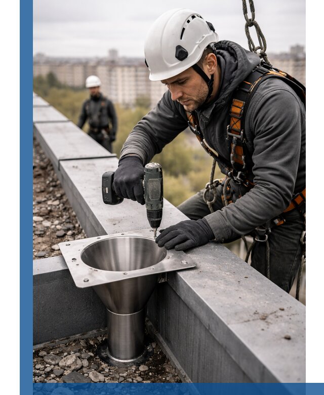 Монтаж водосточных воронок в Новокубанске для промышленных зданий