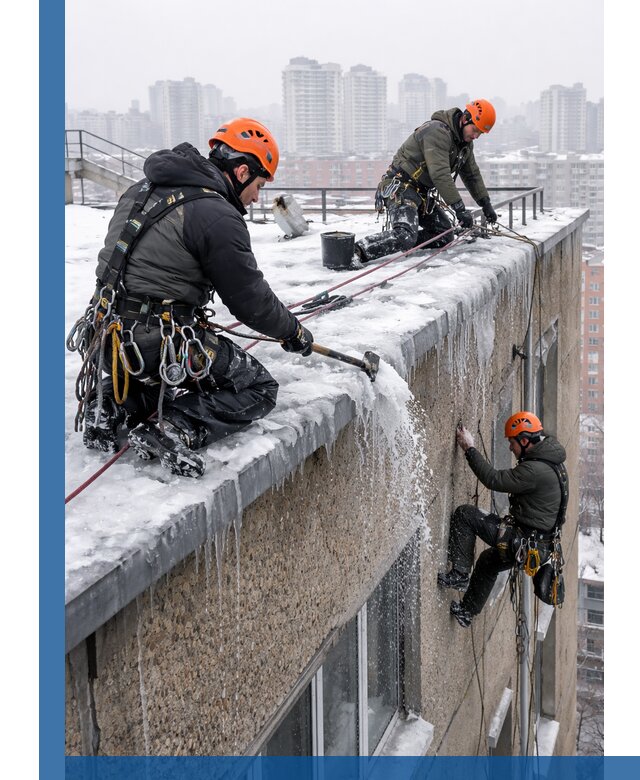 Удаление наледи с кровли в Новокубанске промышленными альпинистами