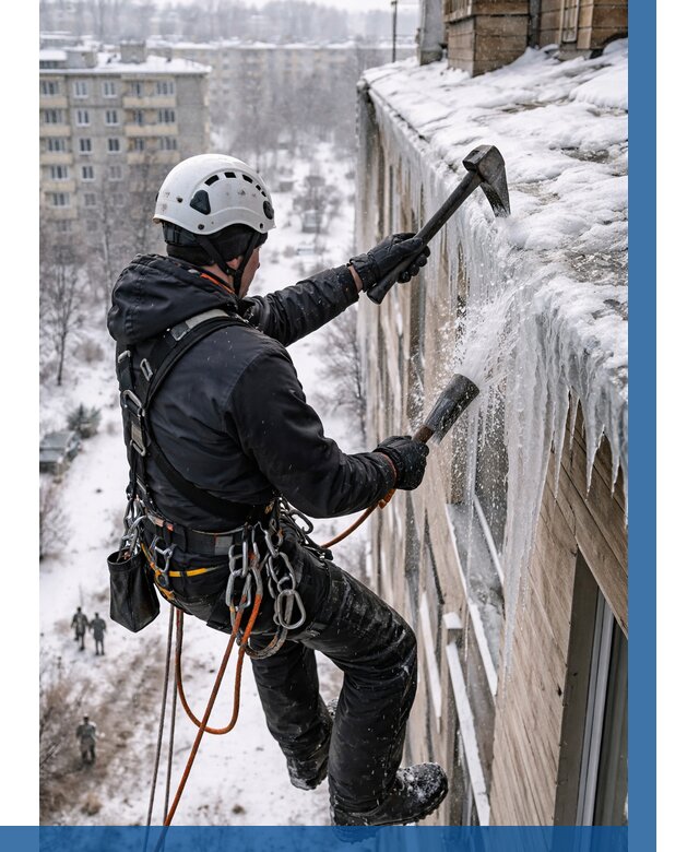 Сбивание сосулек с крыши в Новокубанске по цене от 4679 р. | ВЫСОТНИК-Нкб