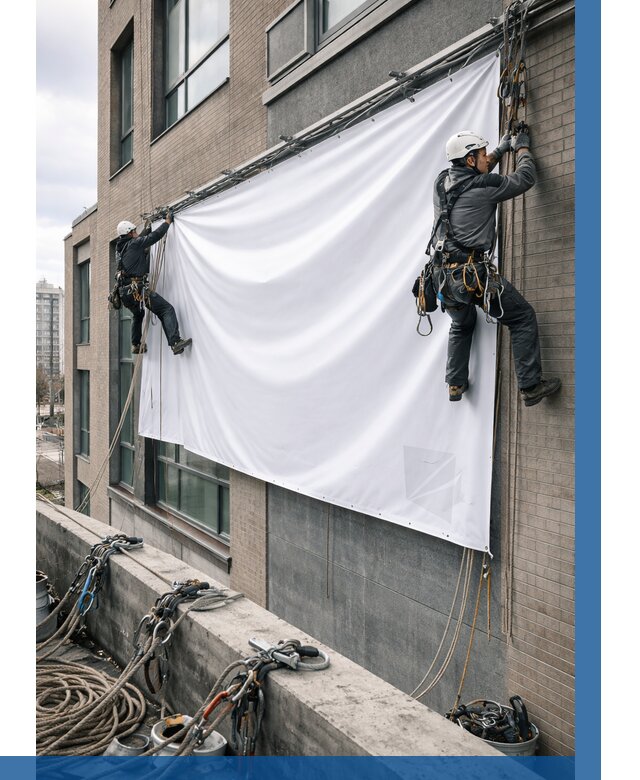 Монтаж баннеров на фасаде в Новокубанске от 676 р. заказать ВЫСОТНИК-Нкб