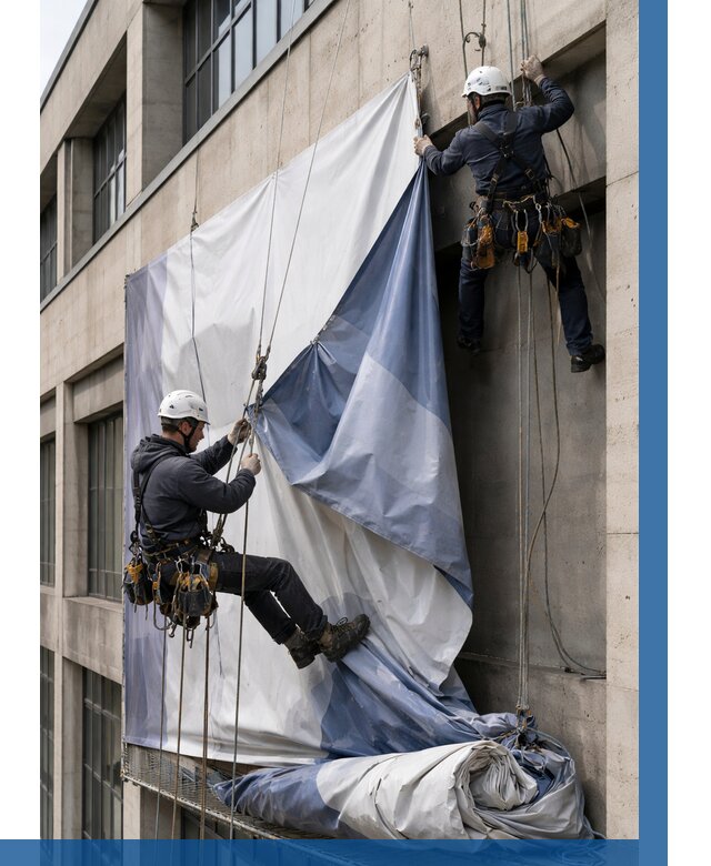 Демонтаж баннеров с фасада в Новокубанске от 4679 р. | ВЫСОТНИК-Нкб