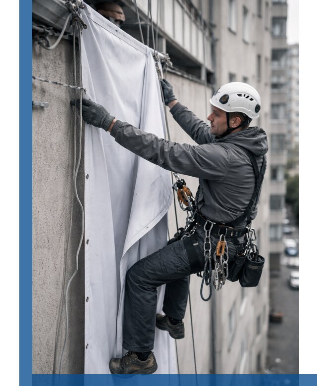 Замена баннерного полотна промышленными альпинистами в Новокубанске