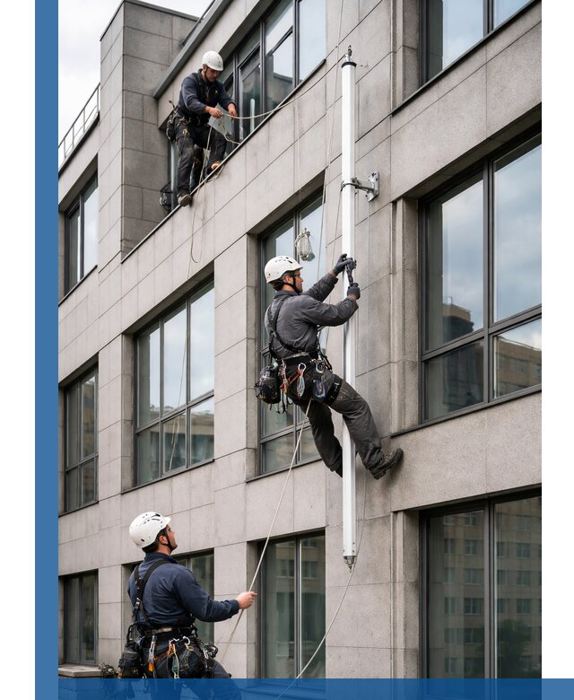 Монтаж флагштока на фасаде здания с креплением и герметикой в Новокубанске