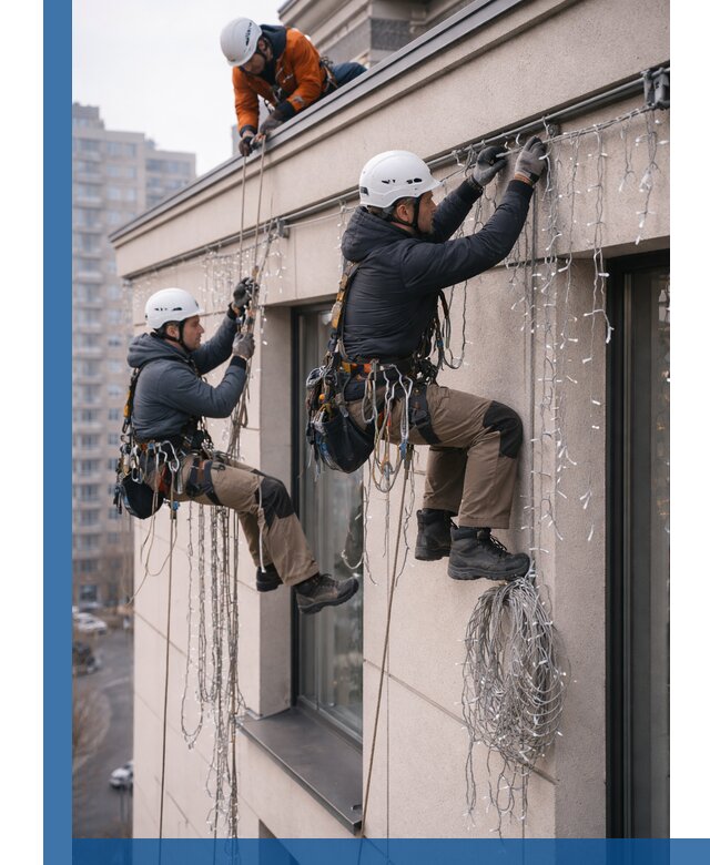 Монтаж праздничных гирлянд на фасаде в Новокубанске для зданий