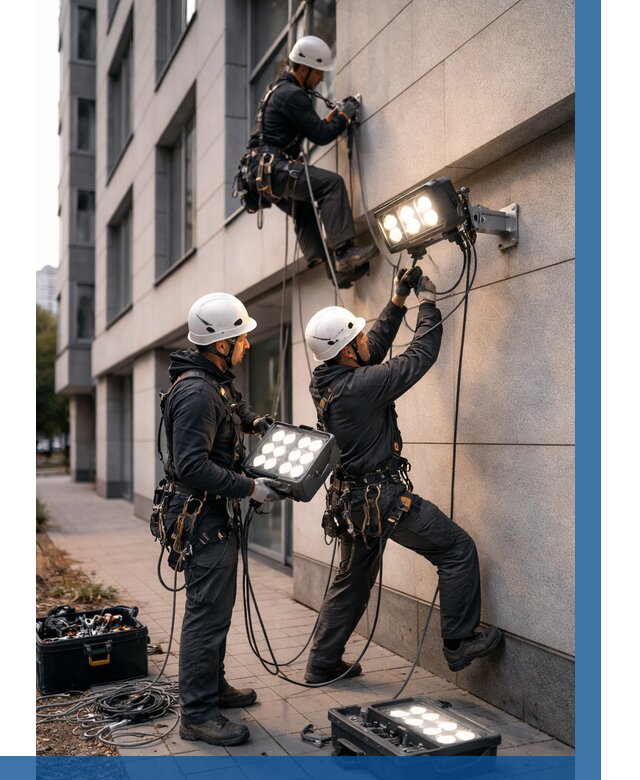 Монтаж прожекторов на фасаде в Новокубанске от 7799 р. | ВЫСОТНИК-Нкб