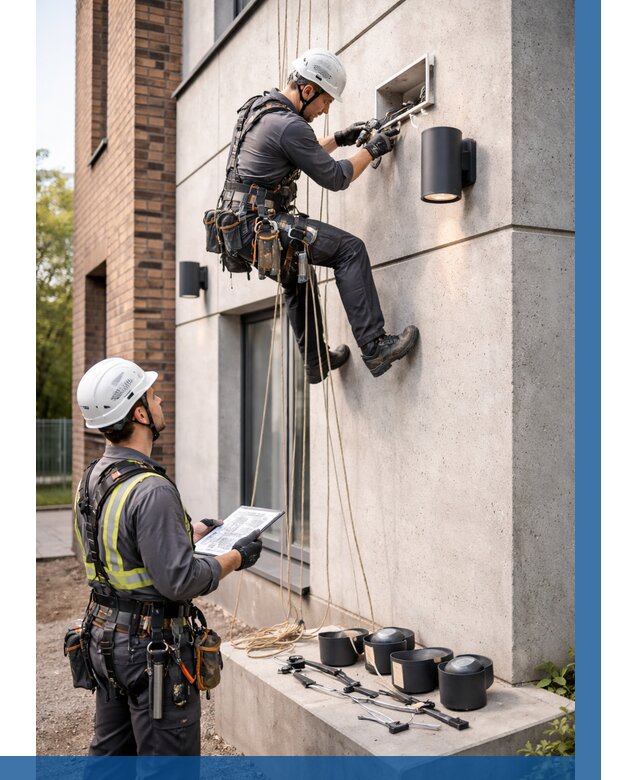 Монтаж фасадного освещения в Новокубанске от 2600 р. | ВЫСОТНИК-Нкб