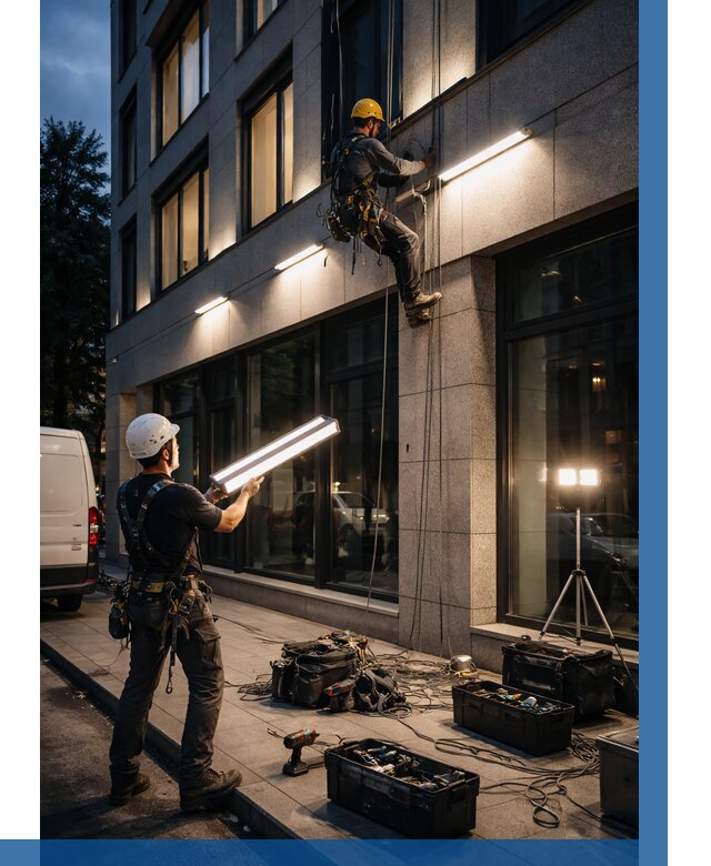 Монтаж архитектурной подсветки здания в Новокубанске от 2600 р.|ВЫСОТНИК-Нкб