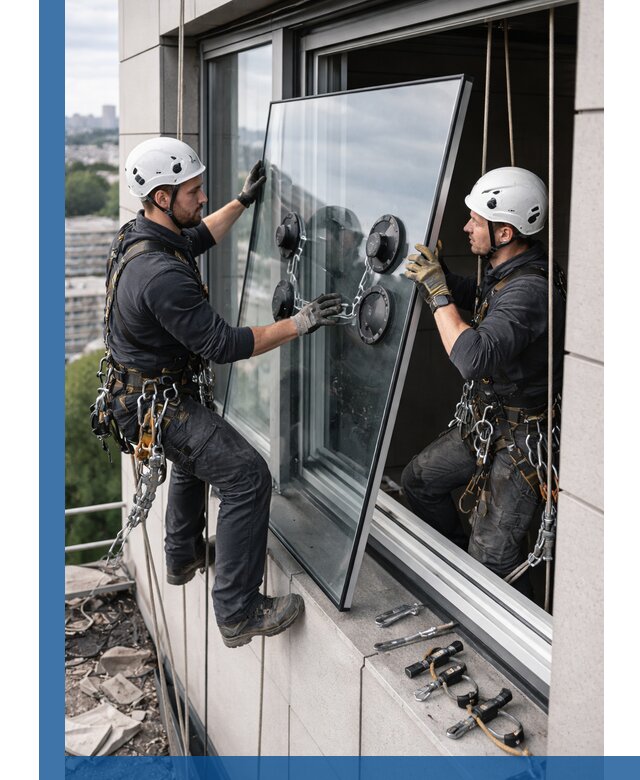 Замена стеклопакетов на высоте с промышленными альпинистами в Новокубанске
