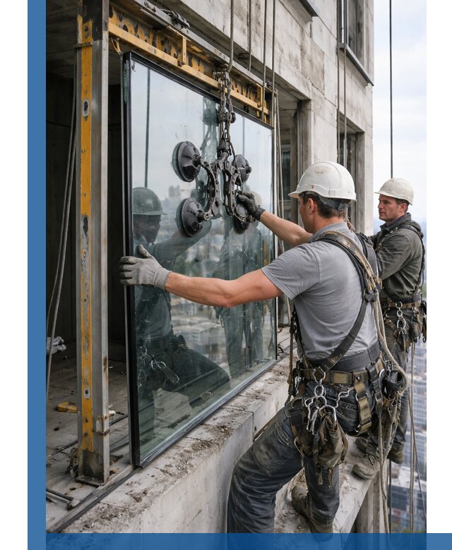 Монтаж стеклопакетов на высоте в Новокубанске с промышленным альпинизмом