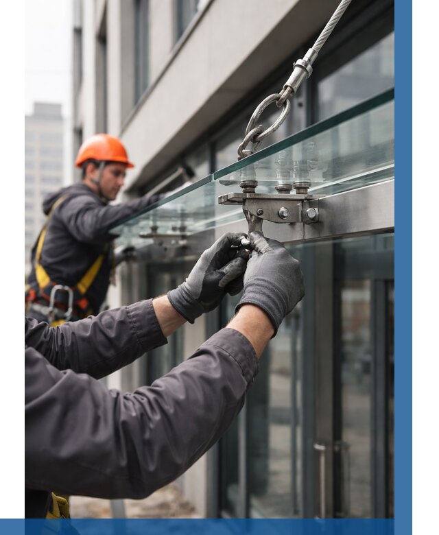 Монтаж стеклянных козырьков в Новокубанске от 8838 р. | ВЫСОТНИК-Нкб