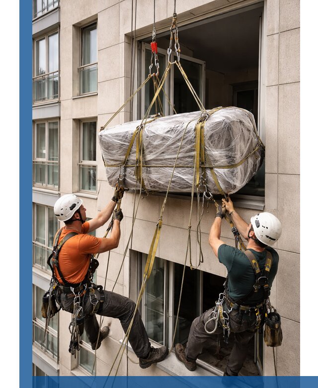 Подъем грузов через окно в Новокубанске промышленными альпинистами