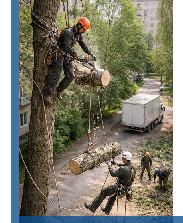 Спил деревьев альпинистами в Новокубанске, безопасно и без повреждений
