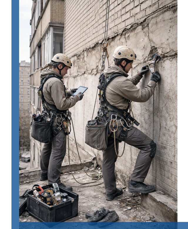 Обследование фасада промышленными альпинистами в Новокубанске